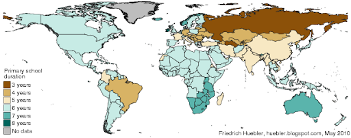 World map with national primary school duration