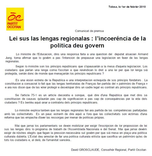 comunicat del Partit Occitan sobre lo debat 020111