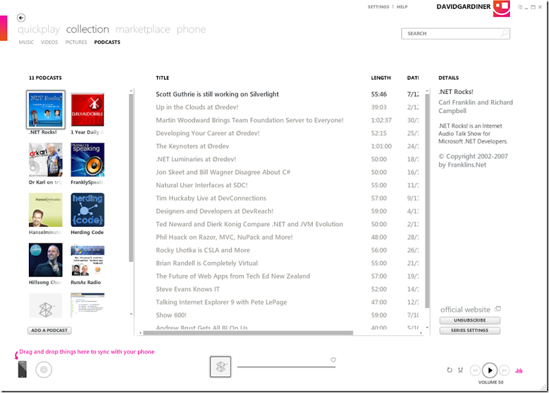 Screenshot of Zune software showing podcasts collection