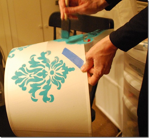 stenciling the damask lampshade 2