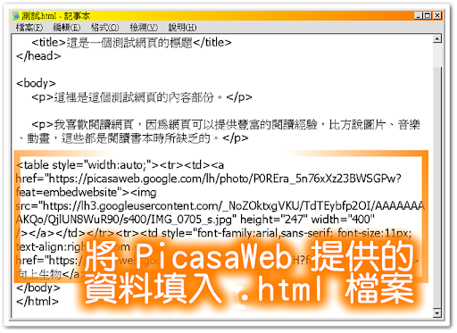 將 PicasaWeb 提供的代碼貼入網頁檔
