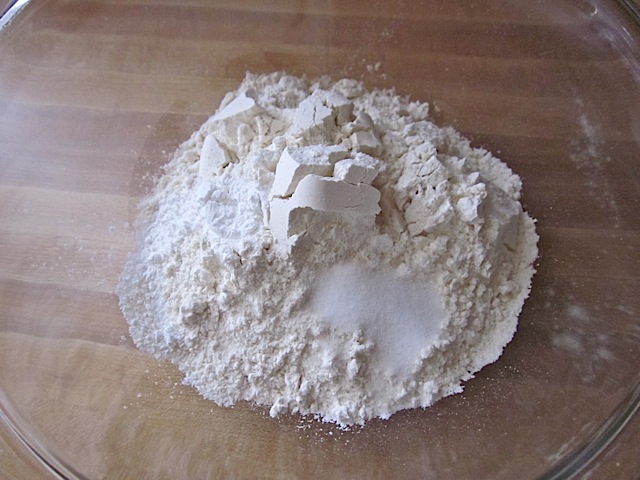 Dry ingredients in mixing bowl (flour salt baking powder)