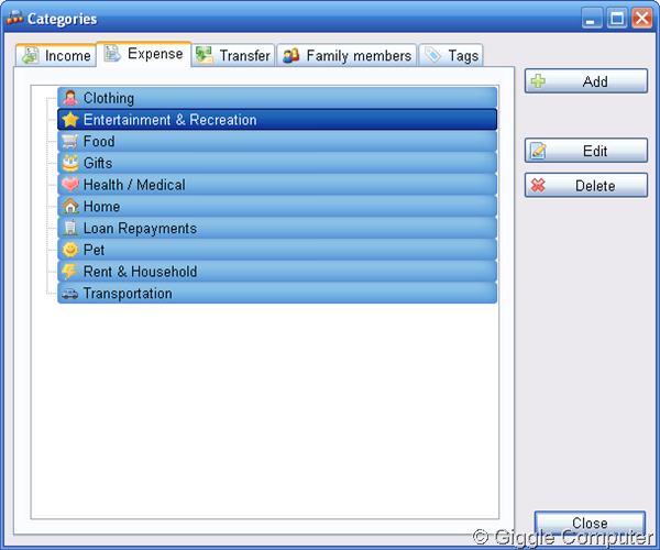 Personal Finances Free - Categories