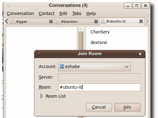 Gabung kanal IRC #ubuntu-id dari Empathy di Karmic Koala