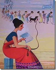 lady reading and making dog stand in queue