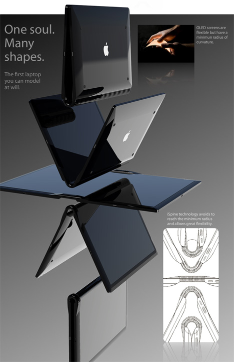 Macbook Touch. Designer: Tommaso Gecchelin. The core of this concept is a technology he calls iSpine. Like the spine of a book, the tech avoid excessive compression on the screen, yet allows the laptop to sit in multiple viewing positions. Go from a normal laptop with screen and touchscreen board - to a large widescreen canvas for drawing, presentation or movie watching. To keep everything minimal, ports like power, the mini display, and additional USB are externalized on a “Magic Dock” to keep most of the laptop slim and clean of an array of holes and plugs.