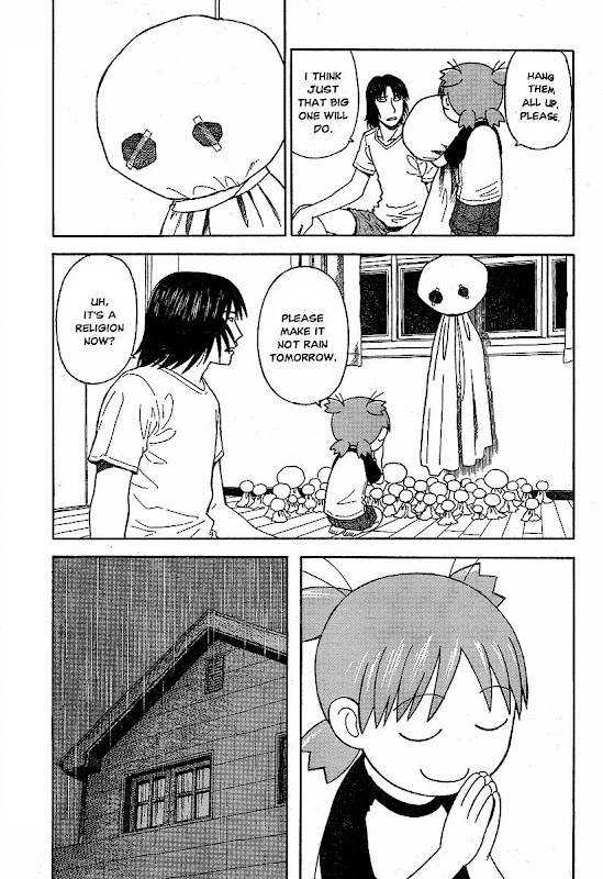 Yotsuba&! Chapter 33: Yotsuba & Sunny Skies page 3 - Today, children make teru-teru-bōzu out of tissue paper or cotton and string and hang them from a window to wish for sunny weather, often before a school picnic day. Hanging it upside down - with its head pointing downside - acts like a prayer for rain. They are still a very common sight in Japan. - WIKIPEDIA