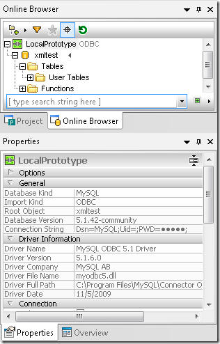 DatabaseSpy Project and Properties windows