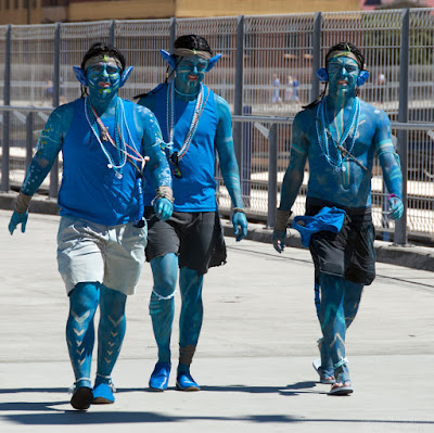 people painted blue and dressed as Na'vi from Avatar in costume wellington sevens rugby tournament