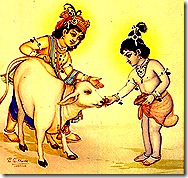 Krishna and Balarama playing with a cow