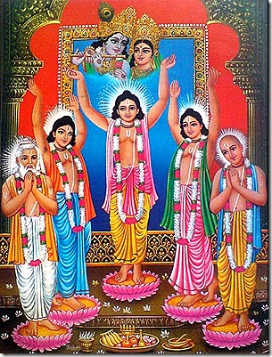 Lord Chaitanya and associates worshiping Radha and Krishna