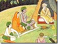 Sita, Rama, and Lakshmana talking with Bharadvaja