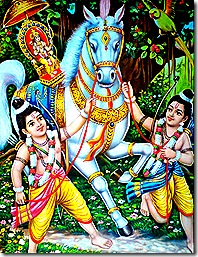 Lava and Kusha stopping Lord Rama's horse