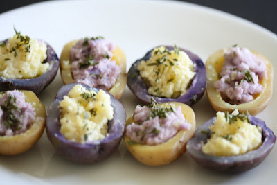 photo of deviled potatoes lined up on a plate