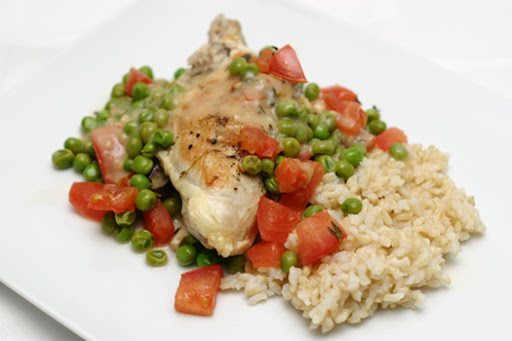 Proceed with Caution: Braised Chicken with white wine, tomatoes, and peas