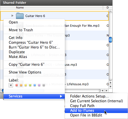 Add to iTunes context menu option in Finder when right clicking a folder