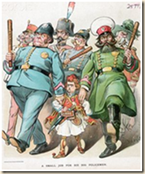 Karikatura që satirizon Fuqitë e Mëdha (policët) dhe shteti i ri grek (fëmiju shqiptar me fustanellë)