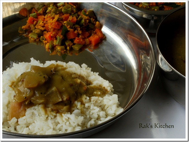 Gravy with rice and poriyal Gravy with rice and poriyal