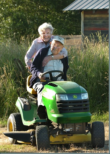 Matt can't walk a long distance so he rides around his property on his John Deere riding mower.  His wife Grace is with him.   

Matt and Grace Manley  celebrated their 72nd. anniv. on Friday.  They are 92 and 91, and still live in the house they built 71 years ago.  Better still, all of their children still live within a mile of them.  They are having a barbecue at 5:00pm.