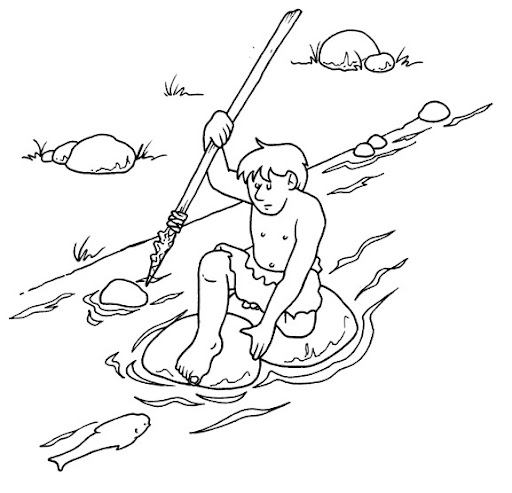 Hombre prehistorico pescando para colorear