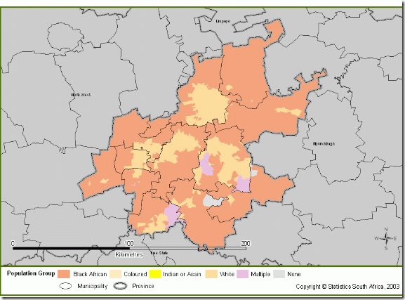 Afrikaner minority main areas of residency in Gauteng Transvaal province 2010 PRAAG map