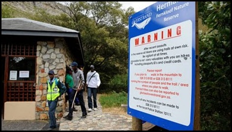 Fernkloof reserve Hermanus South Africa Warning Signs to Visitors about Security problems Dec12009