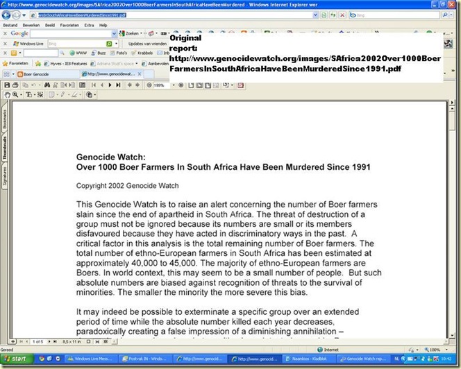 Genocide Watch 2002 Alert over Boer Farmers Slain since apartheid in South Africa Nr 1
