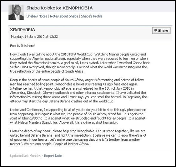 Kolokoto Shaba Xenophobia warnings 14 June 2010 Diepsloot Gauteng PLEASE STOP THIS UGLY PHENOMENON