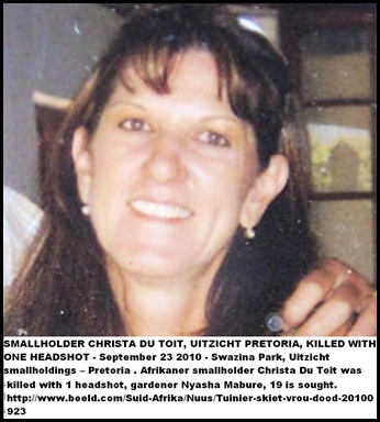 Du Toit Christa murdered with one head shot Sept 23 2010