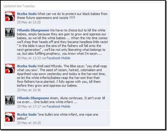 kill white babies threaten black racists May 25 2010 FACEBOOK