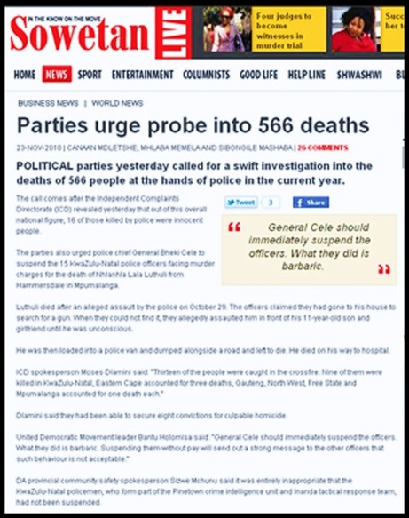 PRISONS 566 DEATHS IN SOUTH AFRICAN POLICE CELLS 2010 23NOV2010 SOWETAN