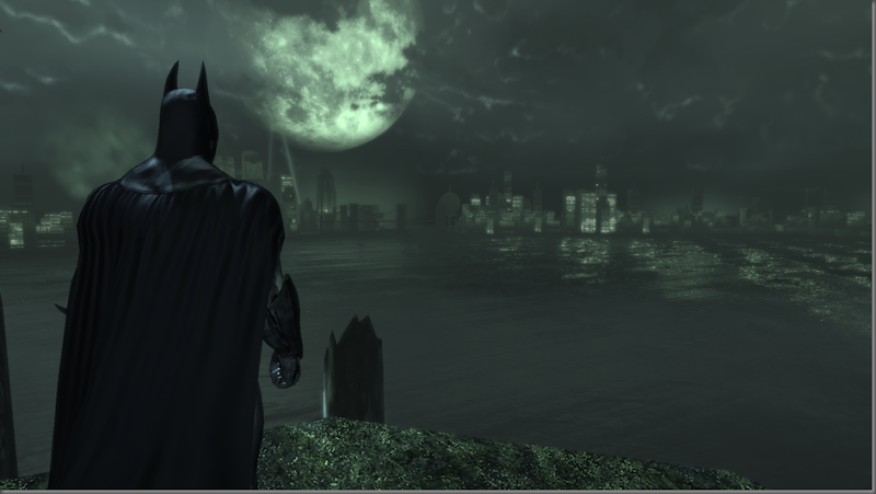 Batman surveys gotham from Arkham Batcave
