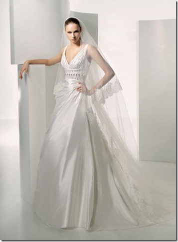 A Line Princess V neck Chapel Train Satin wedding dress