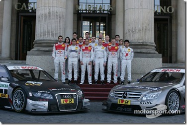 17.04.2010 Wiesbaden, Germany, 
Groupshoot Kurhaus, 1st Row (l) Martin Tomczyk (GER), Audi Sport Team Abt, Audi A4 DTM, Bruno Spengler (CAN), Team HWA AMG Mercedes, AMG Mercedes C-Klasse, Timo Scheider (GER), Audi Sport Team Abt, Audi A4 DTM, Ralf Schumacher (GER), Team HWA AMG Mercedes, AMG Mercedes C-Klasse, Mattias Ekstrˆm (SWE), Audi Sport Team Abt, Audi A4 DTM, CongFu Cheng (CHN), Persson Motorsport, AMG Mercedes C-Klasse, 2nd Row (l) Katherine Legge (GBR), Audi Sport Team Rosberg, Audi A4 DTM, Markus Winkelhock (GER), Audi Sport Team Rosberg, Audi A4 DTM, Jamie Green (GBR), Persson Motorsport, AMG Mercedes C-Klasse, Alexandre PrÈmat (FRA), Audi Sport Team Phoenix, Audi A4 DTM, Susie Stoddart (GBR), Persson Motorsport, AMG Mercedes C-Klasse, 3rd Row (l) Oliver Jarvis (GBR), Audi Sport Team Phoenix, Audi A4 DTM, Miguel Molina (ESP), Audi Sport Rookie Team Abt, Audi A4 DTM, Maro Engel (GER), M¸cke Motorsport, AMG Mercedes C-Klasse, Mike Rockenfeller (GBR),  Audi Sport Team Phoenix, Audi A4 DTM - DTM 2009 at Hockenheimring, Hockenheim, Germany - www.xpb.cc, EMail: info@xpb.cc - copy of publication required for printed pictures. Every used picture is fee-liable. © Copyright: Trienitz/xpb.cc