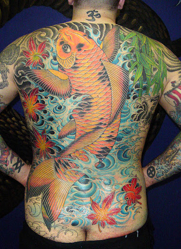Koi Fish Tattoo with Bamboo Leaves. Tags: back piece bamboo leaves fish koi