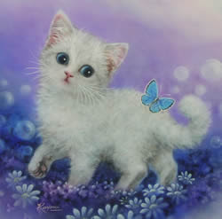 نقاشی کایومی نقاش ژاپنی تبار طبیعی جالب توجه زیبا بچه گربه سفید و پروانه آبی رنگ در گلزار صحرا قدم زدن در باغ آسمان بنفش گل قاصدک گلهای ریزه میزه "Garden Walk"