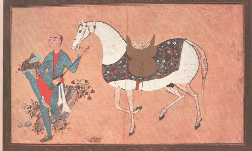 نقاشی سبک مکتب صفوی صفویه صفویان safavid style in persian iranian miniature painting  بزم مرد مهتر و اسب man and horse