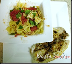 Tilapia with Balsamic Brown Butter and Creamy Farfalle with Bacon, Tomato and Peas Krista Kooks