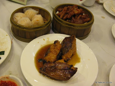 Steamed Shrimp Dumplings, Chicken Feet, and Japanese Eggplant Stuffed with Shrimp at Jing Fong Restaurant - Photo by Taste As You Go