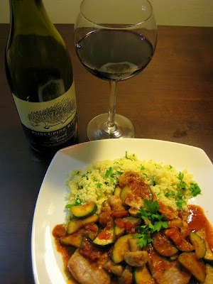 Seared Pork Cutlets with Mushroom and Zucchini in a Red Wine Tomato Pesto Sauce - Photo courtesy of Food Tastes Yummy