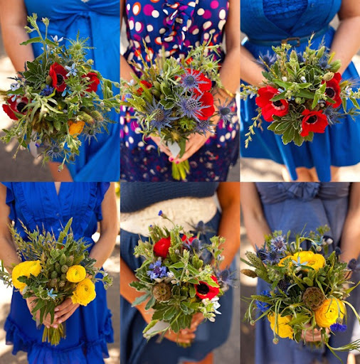 Wedding bouquets Pretty bridesmaids in blue with different bouquets