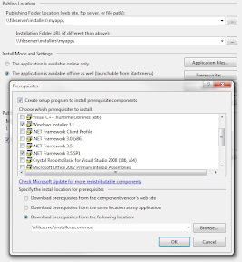 Visual Studio 2008 中的先决条件和部署设置屏幕截图