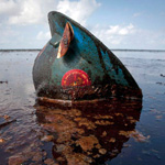 A hard hat from an oil worker lies in oil from the Deepwater Horizon oil spill on East Grand Terre Island, Louisiana June 8, 2010. Energy giant BP Plc said on Tuesday it had sharply increased the amount of oil it was capturing from its blown-out Gulf of Mexico well, but U.S. officials want to know exactly how much oil is still gushing out.  REUTERS/Lee Celano (UNITED STATES - Tags: DISASTER ENVIRONMENT ENERGY IMAGES OF THE DAY)