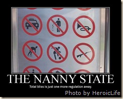 Close up of sign with prohibition symbols captioned "THE NANNY STATE Total bliss is just one more regulation away."
