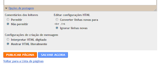 Opções de página