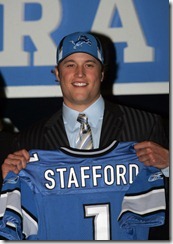 25 April 2009: A happy Matthew Stafford holds his jersey after being drafted first overall by the Detroit Lions during the 2009 NFL Draft at Radio City Music Hall in New York, NY.  