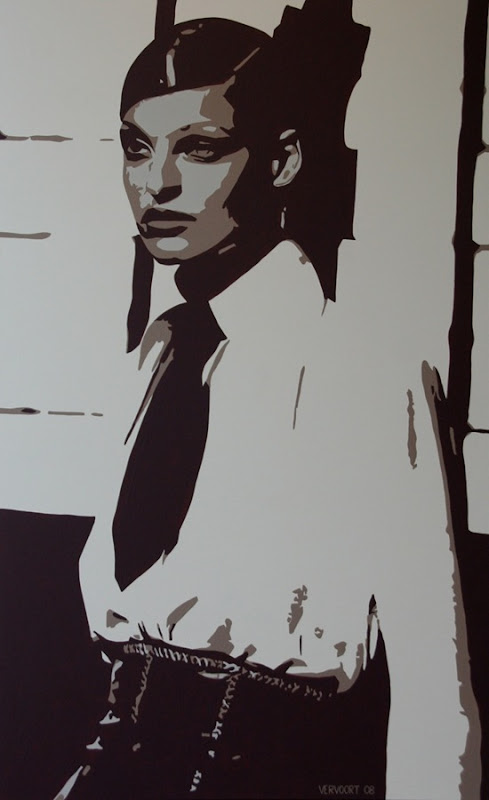 Linda Evangelista with tie painting by Luc Vervoort
