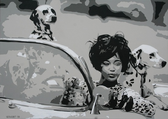 Naomi Campbell with dalmatians in car painting by Luc Vervoort