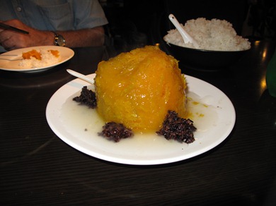 Sweet potato ball over rice at lunch, Chengdu, China, 2009 (0694)