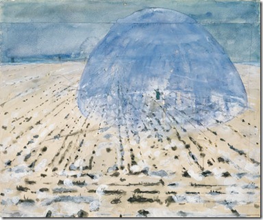 Everyone Stands Under His Own Dome of Heaven -- Both the title of this work and the image of the dome with a lone figure inside refer to Kiefer's view that there is no single system or belief, such as Marxism or Christianity, that is appropriate for all people. "Each man has his own dome, his own perceptions, his own theories," Kiefer has noted.